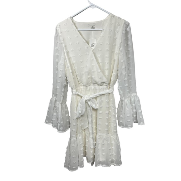 Cato Dresses & Skirts - Cato Full Bloom Ivory Breeze Faux Wrap Bell Sleeve Swiss Dot Mini Dress, Medium